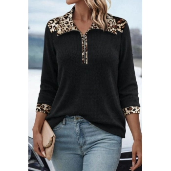 MARSiLYAN- Kadın Uzun Kollu Leopar Yakalı Fermuarlı Waffle Bluz