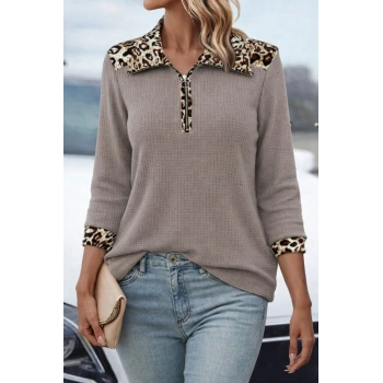 MARSiLYAN- Kadın Uzun Kollu Leopar Yakalı Fermuarlı Waffle Bluz