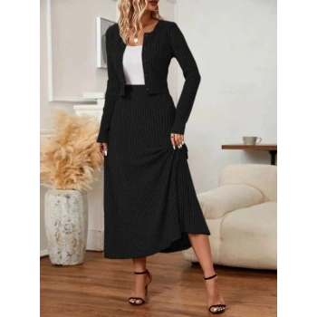 MARSiLYAN- Kadın Uzun Kollu önden Düğmeli Bluz Ve Yüksek Bel A Kesim Uzun Etek şardonlu Kaşkorse Ikili Takım