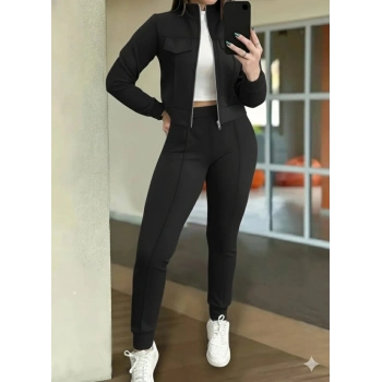 MARSiLYAN- Kadın Uzun Kollu önden Fermuarlı Kısa Modal Ceket Ve Pantolon Ikili Takım