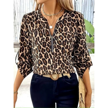 MARSiLYAN- Kadın Uzun Kollu önden Fermuarlı Leopar Desenli Modal Bluz