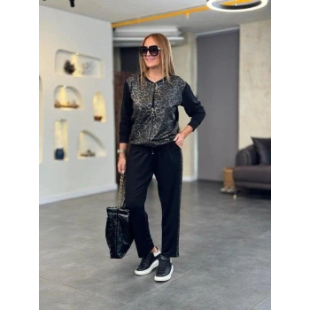 MARSiLYAN- Kadın Uzun Kollu önden Fermuarlı Leopar Desenli Viskon Iki Iplik Bluz Ve Pantolon Ikili Takım