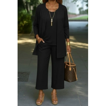 MARSiLYAN- Kadın Uzun Kollu önü Açık Modal Ceket Kolsuz Viskon Iki Iplik Bluz Ve Pantolon üçlü Takım