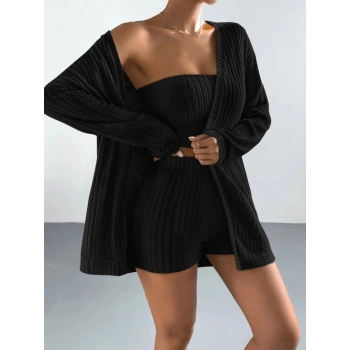 MARSiLYAN- Kadın Uzun Kollu önü Açık şardonlu Kaşkorse Ceket Büstiyer Ve Short üçlü Takım