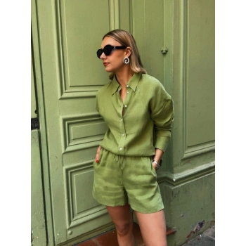 MARSiLYAN- Kadın Uzun Kollu Salaş Gömlek Ve şort Keten Ikili Takım