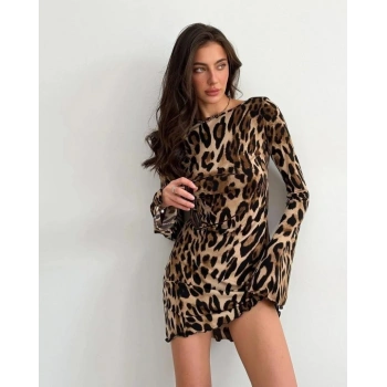 MARSiLYAN- Kadın Uzun Kollu Sırtı Açık Bağlamalı Leopar Desenli Kısa Dalgıç Elbise