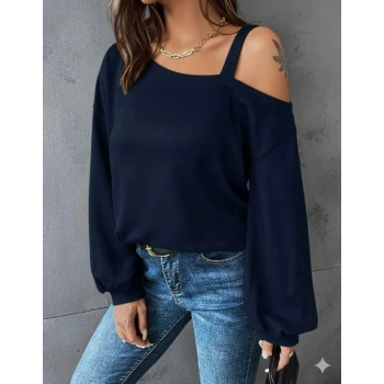 MARSiLYAN- Kadın Uzun Kollu Tek Omuz Askı Detay Salaş Viskon Iki Iplik Bluz