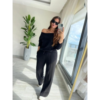MARSiLYAN- Kadın Uzun Kollu Tek Omuzdan Açık Modal Bluz Ve Pantolon Ikili Takım