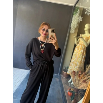 MARSiLYAN- Kadın Uzun Kollu Tek Omuzdan Açık Viskon Iki Iplik Bluz Ve Pantolon Ikili Takım