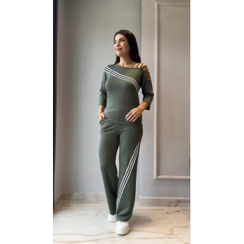 MARSiLYAN- Kadın Uzun Kollu Truvakar Kol Tek Omuz çapraz şerit Detaylı Ribanalı Viskon Iki Iplik Bluz Ve Pantolon Ikili Takım