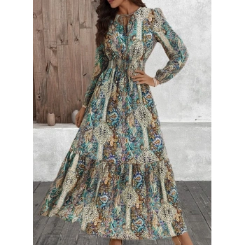 MARSiLYAN- Kadın Uzun Kollu Uakadabağcıklı Beli Lastikli Desenli Uzun Süprem Elbise