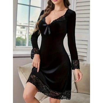 MARSiLYAN- Kadın Uzun Kollu V Dantel Yakalı Mini Kadife Elbise