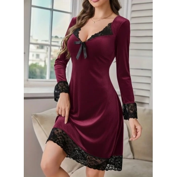 MARSiLYAN- Kadın Uzun Kollu V Dantel Yakalı Mini Kadife Elbise