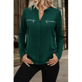 MARSiLYAN- Kadın Uzun Kollu V Hakim Yaka Fermuar Detaylı Viskon Bluz