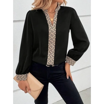 MARSiLYAN- Kadın Uzun Kollu V Hakim Yakalı Desenli Ithal Krep Bluz