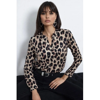 MARSiLYAN- Kadın Uzun Kollu V Hakim Yakalı Leopar Desenli Süprem Bluz