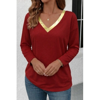 MARSiLYAN- Kadın Uzun Kollu V Parlak Yaka Detaylı Viskon Bluz