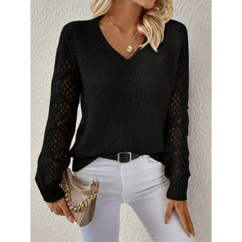 MARSiLYAN- Kadın Uzun Kollu V Yaka Kol Delikli Baklava Desen Detaylı Triko Kazak