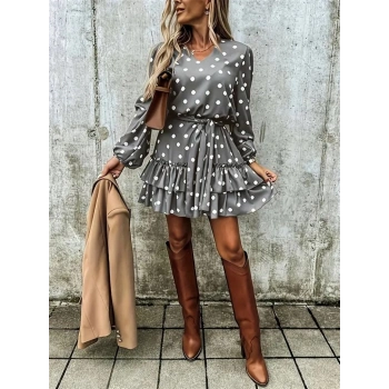 MARSiLYAN- Kadın Uzun Kollu V Yakalı Belden Kuşaklı Puantiyeli Mini Modal Elbise