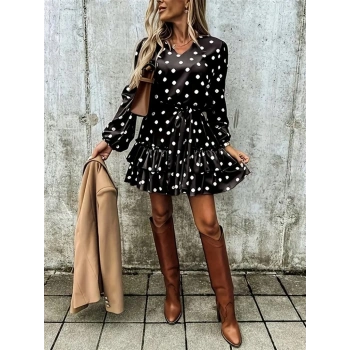 MARSiLYAN- Kadın Uzun Kollu V Yakalı Belden Kuşaklı Puantiyeli Mini Modal Elbise