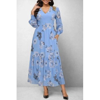 MARSiLYAN- Kadın Uzun Kollu V Yakalı çiçek Desenli Maxi Süprem Elbise