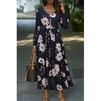 MARSiLYAN- Kadın Uzun Kollu V Yakalı çiçek Desenli Maxi Süprem Elbise