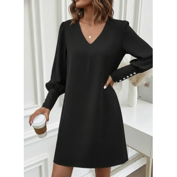 MARSiLYAN- Kadın Uzun Kollu V Yakalı Kısa Ithal Krep Elbise