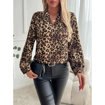 MARSiLYAN- Kadın Uzun Kollu V Yakalı Modal Leopar Desenli Bluz