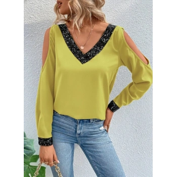 MARSiLYAN- Kadın Uzun Kollu V Yakalı Omuzlardan Açık Sandy Bluz