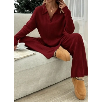 MARSiLYAN- Kadın Uzun Kollu V Yakalı şardonlu Kaşkorse Bluz Ve Pantolon Ikili Takım