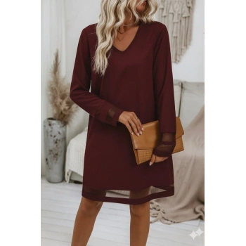 MARSiLYAN- Kadın Uzun Kollu V Yakalı Tül şerit Detaylı Mini Krep Elbise