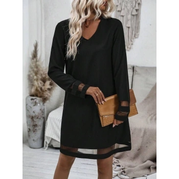 MARSiLYAN- Kadın Uzun Kollu V Yakalı Tül şerit Detaylı Mini Krep Elbise