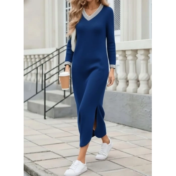 MARSiLYAN- Kadın Uzun Kollu V Yakalı Yanlardan Yırtmaçlı Uzun Viskon Iki Iplik Elbise