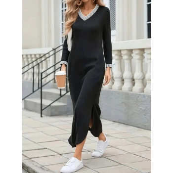 MARSiLYAN- Kadın Uzun Kollu V Yakalı Yanlardan Yırtmaçlı Uzun Viskon Iki Iplik Elbise