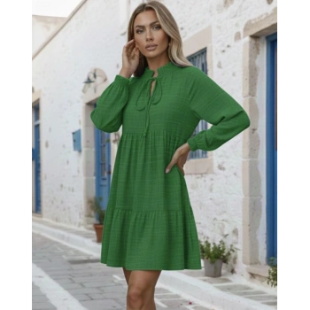 MARSiLYAN- Kadın Uzun Kollu Yakadan Bağcıklı Fırfırlı Keten Mini Elbise