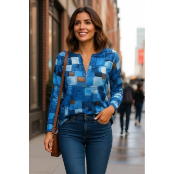 MARSiLYAN- Kadın Uzun Kollu Yakadan Fermuarlı Kot Görünüm Desenli Uzun Modal Bluz