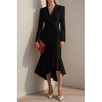 MARSiLYAN- Kadın Uzun Kollu Yakalı Belden Oturtmalı Midi Ithal Krep Elbise