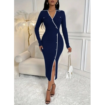 MARSiLYAN- Kadın Uzun Kollu Yakalı Cepli Düğmeli Yırtmaç Detaylı Modal Uzun Elbise