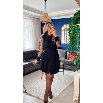 MARSiLYAN- Kadın Uzun Kollu Yakalı Düğmeli Mini Ithal Krep Elbise