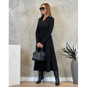 MARSiLYAN- Kadın Uzun Kollu Yakalı Midi Viskon Iki Iplik Elbise