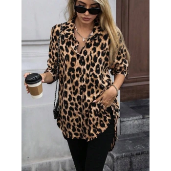 MARSiLYAN- Kadın Uzun Kollu Yakalı önden Düğmeli Yandan Bağcıklı Leopar Desenli Modal Bluz