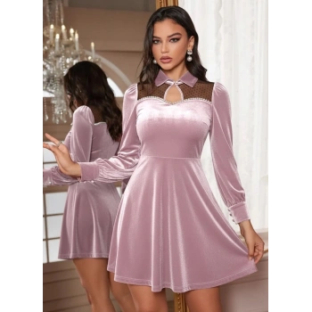 MARSiLYAN- Kadın Uzun Kollu Yakalı Tül Detaylı Incili Mini Kadife Elbise