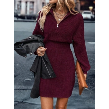 MARSiLYAN- Kadın Uzun Kollu Yakası Fermuarlı Mini Triko Elbise