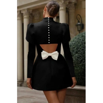 MARSiLYAN- Kadın Uzun Kollu Yarı Balıkçı Yaka Arkadan Kurdela Detaylı Mini Atlas Elbise