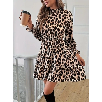 MARSiLYAN- Kadın Uzun Kollu Yarı Balıkçı Yaka Leopar Desenli Modal Mini Elbise