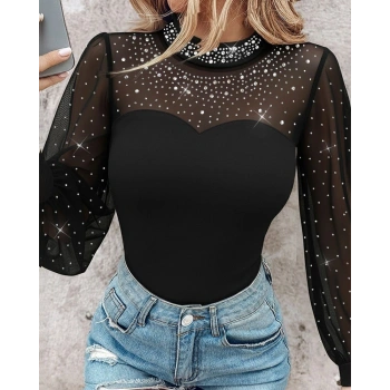 MARSiLYAN- Kadın Uzun Kollu Yarı Balıkçı Yaka Taşlı Sandy Bluz