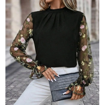 MARSiLYAN- Kadın Uzun Kollu Yarı Balıkçı Yaka Tül Detaylı Ithal Krep Bluz