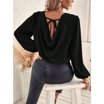 MARSiLYAN- Kadın Uzun Kollu Yuvarlak Yaka Arkadan Bağcıklı Salaş Ithal Krep Bluz