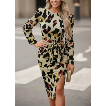 MARSiLYAN- Kadın Uzun Kollu Yuvarlak Yaka Belden Kuşaklı önden Yırtmaçlı örme Krep Elbise