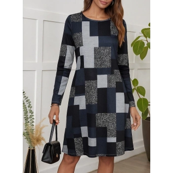 MARSiLYAN- Kadın Uzun Kollu Yuvarlak Yaka Geometrik Süprem Elbise